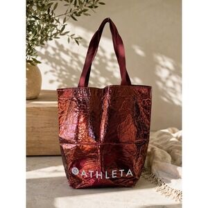 Athleta Metallic Burgundy Red Reusable Tote Bag Recycled Plastic Crinkle Foil